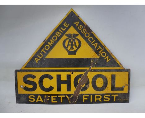 An Automobile Association School Safety First enamel sign by Franco, 26 x 22".
