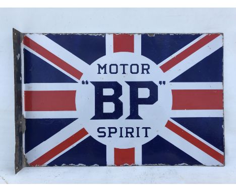 A BP Motor Spirit Union Jack double sided enamel sign with hanging flange, in good condition, 24 x 16". 