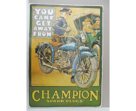 An original Champion Spark Plugs pictorial advertisement depicting a Harley Davidson police bike beside a motor car, 20 x 28"