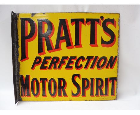 A Pratt's Perfection Motor Spirit double sided enamel sign with hanging flange, by Bruton of Palmers Green, 21 x 18".