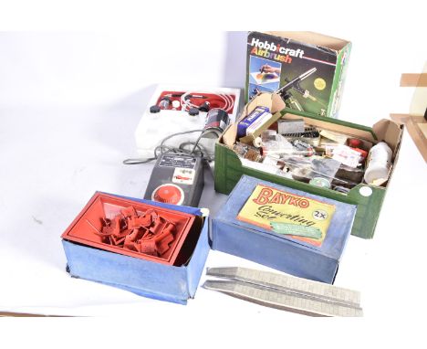 Various 00 Gauge Rolling Stock Accessories Tools and Books, including Tri-ang BR blood/custard coach, various Tri-ang and Hor