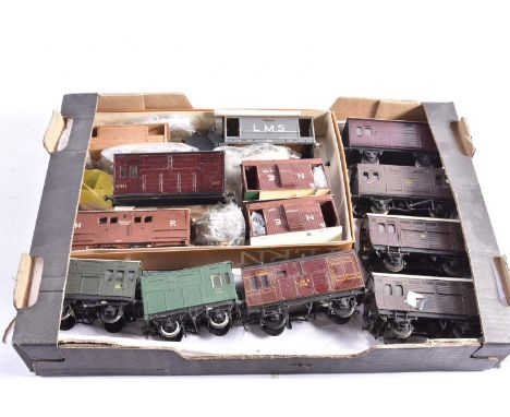 Kit-built 0 Gauge Horse Boxes and Brake Vans, most with semi-scale wheels and of wooden construction, Horse boxes includingud