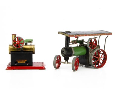 A Mamod Live Steam TE1a Traction Engine and MM2 Stationary Engine, the TE1a with reversing lever to oscillating cylinder, pul