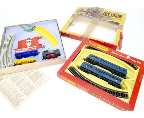 Uncommon Tri-ang Clockwork Train Set and Tri-ang Hornby Blue DMU Set, RB 5 Set (produced in 1971), comprising green tank engi