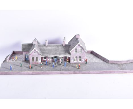 Large collection of 00 Gauge kitbuilt Card buildings, including Station, Church, Footbridge, Engine Sheds, Inn, Houses, Ships