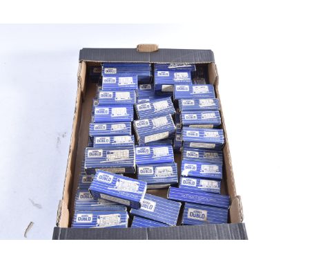 Hornby-Dublo 00 Gauge 2-Rail Goods Rolling stock in blue striped picture boxes, including Grain Wagons (3), 12T Vans (7), 6T 