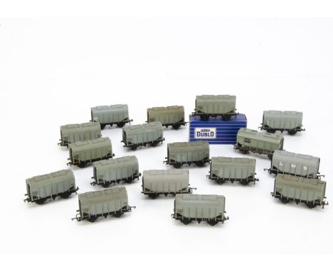 Hornby Dublo 00 Gauge 2-Rail 4625 Grain Hopper Wagons,  16 Dublo wagons, three with Tri-ang Couplings, one repainted with LMS