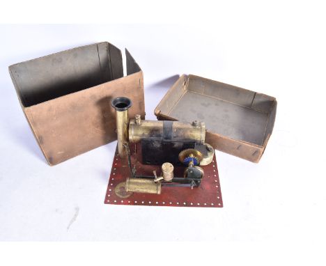 Bowman M135 Live Steam Horizontal Stationary Engine, on red plate with good logo, single cylinder, three drive wheels, two ge