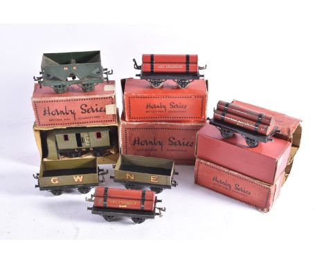 Hornby 0 Gauge 'OAG' Goods Wagons and Snowplough, most in original boxes, GW open wagon and gas cylinder wagon, NE open wagon