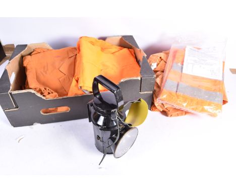 Various British Railway Reflective Orange work gear and Lamp, including various Siezs, Trousers (7) Jackets (4, three cotton)