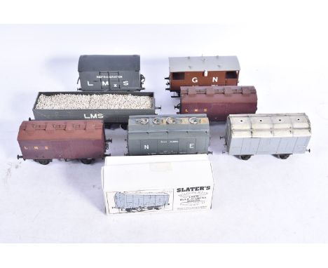 Later Kit-built 0 Gauge Freight Stock, all with fine-scale wheels, including rigid 8-wheeled GNR brake van 39851, LMS grey bo