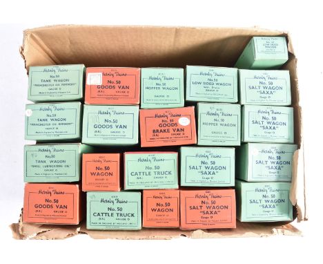 Boxed Hornby 0 Gauge No 50 Freight Stock, most appear to be ex-shop stock, comprising 5 Saxa Salt wagons in green boxes and o
