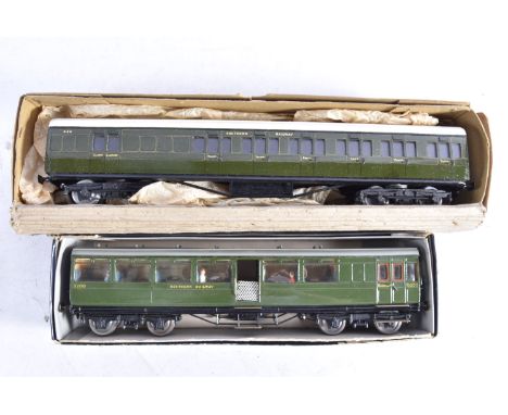 Two Kit- or Scratch-built 0 Gauge Finescale Southern Railway Coaches, a brake/1st/3rd coach in lined SR green as No 956, with