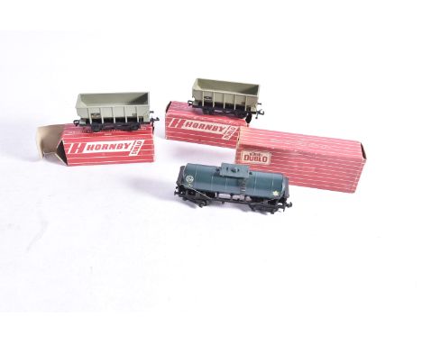 Hornby-Dublo 00 Gauge2-Rail Late issue Hopper Wagons and ICE Bogie tank wagon, two 4644, in original red striped boxes with l