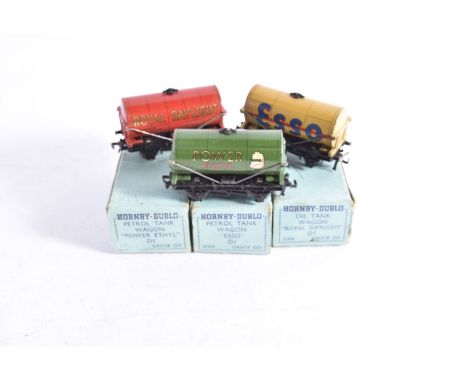 Hornby-Dublo 00 Gauge 3-Rail early Post-war Tank wagons in pre-war light blue boxes, Power Ethyl Tank wagon, Esso buff Tank w