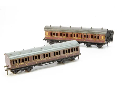Vintage Bing and Bassett-Lowke 0 Gauge LMS crimson Bogie Coaches, a Bing for B-L '1924-series' 1st class corridor coach No 27