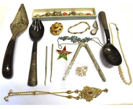 A COLLECTION OF VINTAGE JEWELLERY Together with various vintage flatware and implements, the jewellery comprising a diamond a