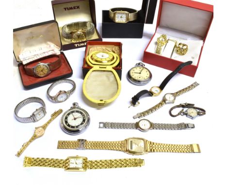A COLLECTION OF SIXTEEN WATCHES AND TIME PIECES  to include a Smiths Empire open faced pocket watch, boxed Timex, Sekonda, a 