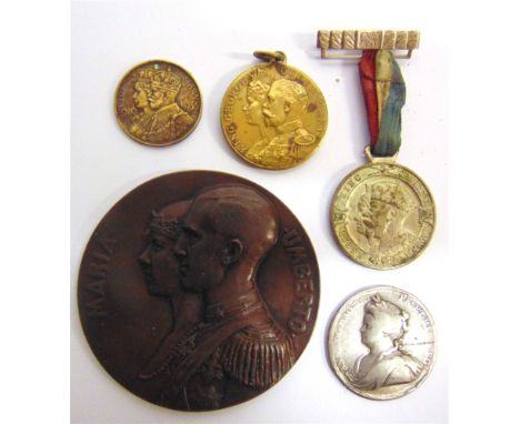 FIVE ASSORTED MEDALS  comprising a Peace of Utrecht medal, 1713, the obverse with a portrait of Queen Anne, 34mm diameter; a 