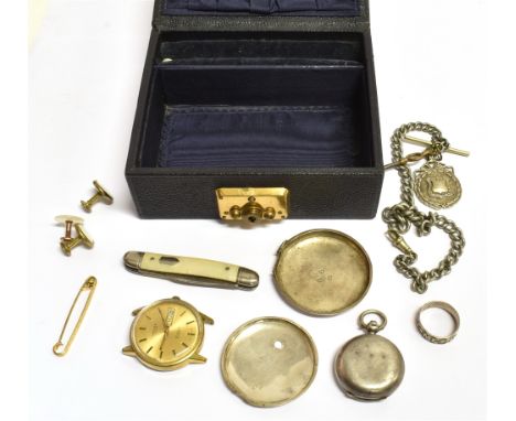 A SMALL CASED COLLECTION OF JEWELLERY AND TRINKETS Comprising a silver sovereign holder, a watch chain with silver medal atta