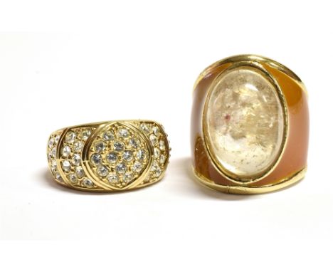 A GOSHENITE STATEMENT RING  with a Camille Lucie crystal set ring, the Goshenite measuring approx. 2.2cm in length and set in