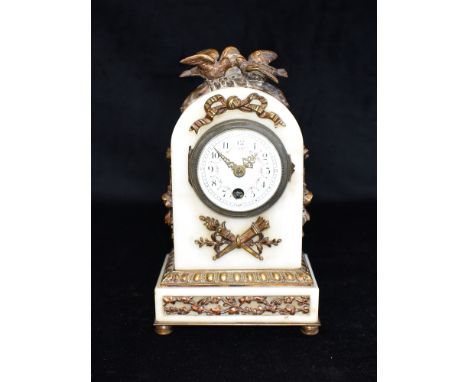 A FRENCH GILT METAL MOUNTED WHITE MARBLE MANTLE CLOCK  the convex enamel dial with Arabic numeral and floral decoration, 30 h
