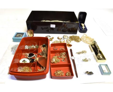 AN EXTENSIVE COLLECTION OF VINTAGE COSTUME JEWELLERY  together with a Victorian silver straining spoon and two silver teaspoo