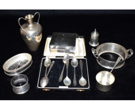 A COLLECTION OF SILVER, WHITE METAL AND PLATED ITEMS  to include a cased set of six silver spoons, a silver pepper pot with b
