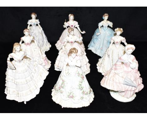 NINE LIMITED EDITION ROYAL WORCESTER FIGURES:  'Royal Debut' 3787/12500, 'The Last Waltz' 1393/12500, '1855 The Crinoline' 68