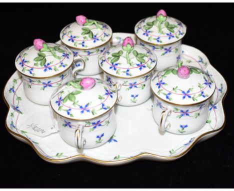 A HEREND PORCELAIN CABARET SET  consisting of tray, 29cm x 24cm, and six cups and covers, all polychrome enamelled with cornf