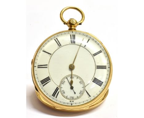 AN 18ct GOLD OPEN FACE POCKET WATCH WITH KEY ATTACHMENT The white enamelled dial anonymous with sub dial gilt batons and blac