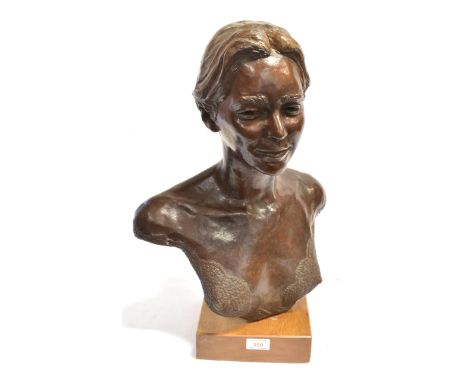 LYDIA KARPINSKA (20TH CENTURY) Bronze bust of a woman Signed 'L KARPINSKA' 54cm high including wooden base Condition Report :