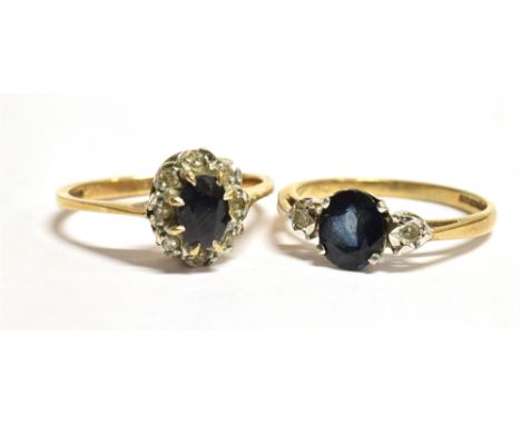 TWO SAPPHIRE AND DIAMOND 9CT GOLD RINGS Comprising a cluster ring size N 1/2, faded hallmark and a dress ring size M, faded h
