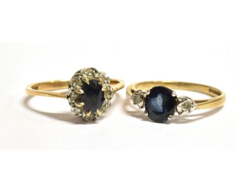 TWO SAPPHIRE AND DIAMOND 9CT GOLD RINGS Comprising a cluster ring size N 1/2, faded hallmark and a dress ring size M, faded h