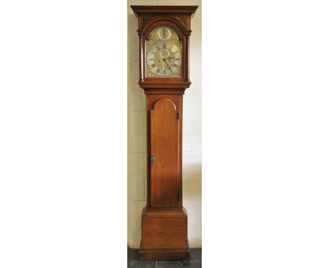 *Clock. A mid 18th-century 8-day longcase clock,  the brass dial with black roman numerals, silvered chapter dial, calendar a