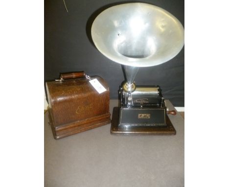 *Edison Gem Phonograph. Housed in an oak plywood case with a serial number of 223503, circa 1908,  with black enamel and gilt