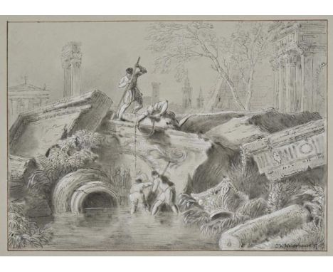 *Waterhouse (John William, 1849-1917). Figures amongst classical ruins, 1897,  grisaille watercolour with pen and ink on grey