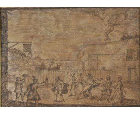 *Continental School. Tavern scene, early 18th century,  pen and brown ink drawing on paper, with brown wash, some marks and s