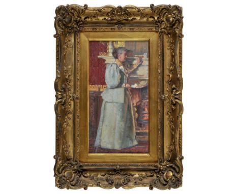 *@Sanderson-Wells (John, 1872-1955 ). Lady by a mantelpiece holding a letter, oil on canvas, signed, 380 x 230 mm (15 x 9 ins