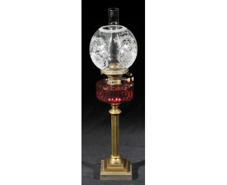 *Oil lamp. A Victorian oil lamp,  with globular acid etched shade and chimney on a brass columnar base with cranberry reservo