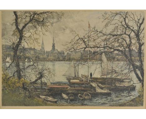 *Kasimir (Luigi, 1881-1962). Hamburg, Binnenalster,  colour etching, signed in pencil lower right, plate size 405 x 595mm (16