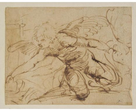 *Circle of Annabale Carracci, 1560-1609. Kneeling angel,  pen and brown ink on laid paper, laid down on wove, with stamped ow