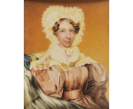 *Marshall (Thomas). Portrait of a Lady, 1836,  watercolour on ivory, half-length portrait of a lady seated, wearing a salmon 