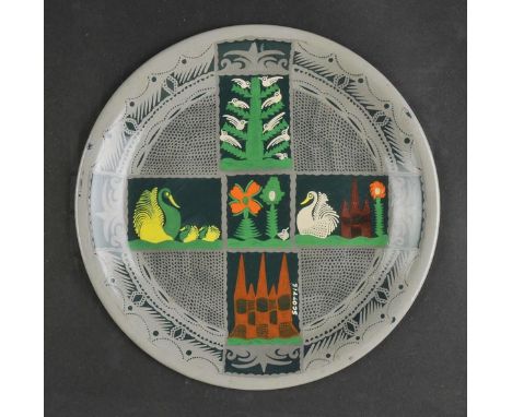 *@Wilson (Scottie, 1889-1972). Swans and doves, hand-painted ceramic plate, signed "Scottie", 25cm diameter (9.75ins), framed