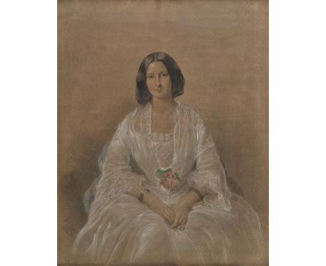 *Rogers (Jane Masters, fl. 1847-70, circa 1823-1909). Portrait of a young woman in a white dress, 1855,  pastel and pencil on