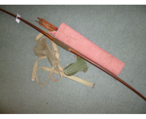 *Bow & Arrow. An early 20th-century hardwood bow inlaid with mother of pearl,  156 cm long, plus various arrows and quiver, t