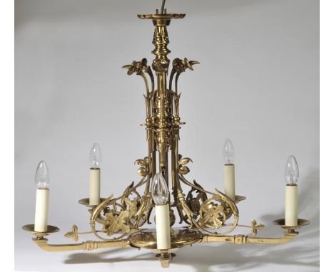*Chandelier. A Victorian gothic revival five branch chandelier,  cast with a fleur-de-lis and cruciform design, each branch w