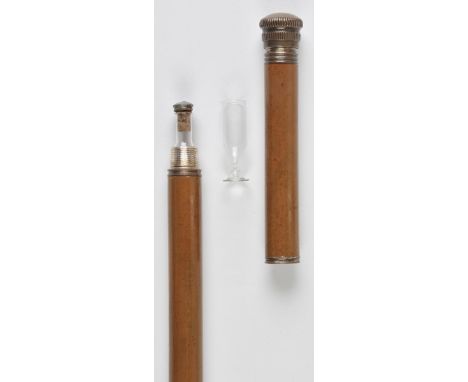 *Walking cane. A late 19th-century Malacca Gentlemans "Tipple" stick,  with screw top cap enclosing original stemmed drinking