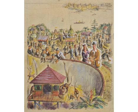 *Schonbach (F., 20th century). Taronga Park Zoo, Sydney,  watercolour, pen and ink on artist's board, 38 x 33cm (15 x 13ins) 