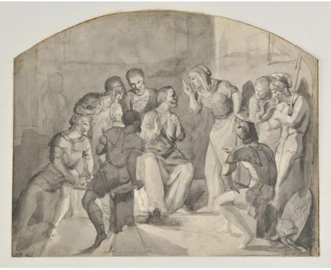 *Attributed to Eugene Delacroix (1798-1863). Seated man chastised by a woman, surrounded by Roman soldiers,  pen & black ink 